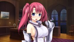 Rule 34 | 1girl, armored gloves, atelier-moo, bare shoulders, blue eyes, blush, breasts, curtained hair, detached sleeves, embarrassed, hair between eyes, highres, indoors, large breasts, long hair, looking at viewer, open mouth, red hair, side ponytail, sideboob, solo, spica celest, standing, surprised, upper body, wizards symphony