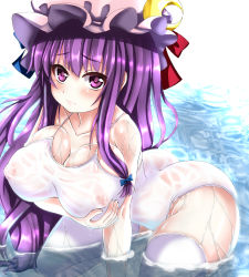 Rule 34 | 1girl, breasts, covered erect nipples, crescent, ebi 193, hat, huge breasts, large breasts, long hair, one-piece swimsuit, patchouli knowledge, purple eyes, purple hair, solo, swimsuit, thighhighs, touhou, water, wet, wet clothes, wet swimsuit, white one-piece swimsuit, white thighhighs