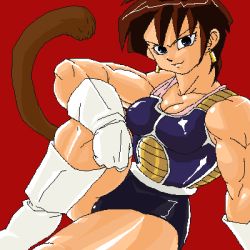Rule 34 | 1girl, aliasing, armor, blue eyes, boots, brown hair, dragon ball, dragonball z, earrings, female focus, gloves, jewelry, knee up, looking at viewer, lowres, monkey tail, muscular, muscular female, red background, saiyan, seripa, short hair, simple background, sitting, solo, sorashu, tail, tank top