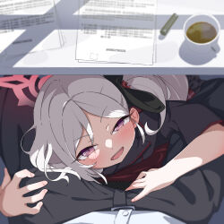 Rule 34 | 1boy, 1girl, absurdres, blue archive, commentary, cup, desk, from above, hair ornament, hair scrunchie, highres, hugging another&#039;s leg, looking at viewer, mug, mutsuki (blue archive), open mouth, paid reward available, paper, pink eyes, pov, pov crotch, rarigo, scrunchie, side ponytail, smile, solo focus, under table, v-shaped eyebrows, white hair