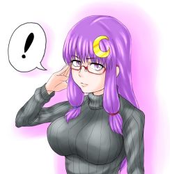 Rule 34 | !, 1girl, adjusting eyewear, anubis (anubiszoe), bespectacled, breasts, crescent, crescent hair ornament, female focus, glasses, hair ornament, huge breasts, impossible clothes, impossible sweater, long hair, patchouli knowledge, purple eyes, purple hair, red-framed eyewear, ribbed sweater, semi-rimless eyewear, sidelocks, solo, sweater, touhou, turtleneck, under-rim eyewear