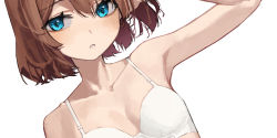 Rule 34 | 1girl, bare arms, blue eyes, bra, breasts, brown hair, collarbone, dutch angle, highres, light blush, looking at viewer, nuri (yoon cook), original, parted lips, short hair, simple background, small breasts, solo, underwear, underwear only, upper body, white background, white bra, yoon cook