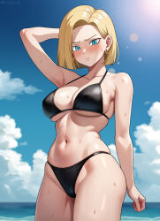Rule 34 | 1girl, android 18, arm behind head, armpits, artist name, beach, bikini, black bikini, blonde hair, blue eyes, breasts, cleavage, dragon ball, highres, large breasts, legs, looking at viewer, mature female, navel, ocean, short hair, sweat, swimsuit, thick thighs, thighs, toned, water