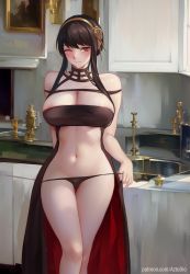Rule 34 | 1girl, absurdres, areola slip, aztodio, bare shoulders, black hair, black panties, blush, breasts, cleavage, closed mouth, gold hairband, hairband, highres, indoors, large breasts, looking at viewer, medium hair, navel, one eye closed, panties, patreon username, red eyes, smile, spy x family, standing, strap pull, thighs, underwear, yor briar