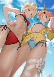 Rule 34 | 2girls, arm around waist, bikini, blonde hair, blue bikini, blue eyes, blue sky, breasts, commentary request, day, double bun, fate/grand order, fate (series), foreshortening, frankenstein&#039;s monster (fate), frankenstein&#039;s monster (swimsuit saber) (fate), frankenstein&#039;s monster (swimsuit saber) (first ascension) (fate), from below, front-tie bikini top, front-tie top, green eyes, hair bun, hair ornament, hair over one eye, hand on own hip, highres, horns, leg ribbon, looking at viewer, looking down, mordred (fate), mordred (fate) (all), mordred (fate/apocrypha), mordred (swimsuit rider) (fate), mordred (swimsuit rider) (first ascension) (fate), multiple girls, navel, outdoors, pink hair, ponytail, red bikini, ribbon, saruchitan, short hair, side-tie bikini bottom, single horn, skindentation, sky, sleeves past wrists, small breasts, string bikini, swimsuit
