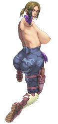 Rule 34 | 1girl, akr (qpqpqp), armpits, ass, backboob, blonde hair, blue eyes, boots, breasts, camouflage, curvy, female focus, full body, gloves, gun, holding, holster, huge ass, kneeling, large breasts, lips, lipstick, makeup, namco, nina williams, nipples, no bra, ponytail, simple background, solo, tekken, topless, weapon, white background