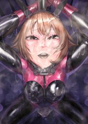 Rule 34 | 1girl, absurdres, black bodysuit, bodysuit, breasts, brown eyes, brown hair, from above, gloves, highres, kantai collection, kilye kairi, large breasts, latex, latex bodysuit, looking at viewer, mutsu (kancolle), pink gloves, short hair, skin tight, smile, solo, squatting, wet, wet clothes, zipper