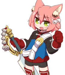 Rule 34 | 1girl, 7th dragon, 7th dragon (series), :d, animal ear fluff, animal ears, belt, belt buckle, bike shorts, black shorts, blue jacket, blush, buckle, cat ears, commentary request, fang, fighter (7th dragon), gloves, green eyes, hair between eyes, hair bobbles, hair ornament, harukara (7th dragon), highres, holding, holding sword, holding weapon, jacket, long sleeves, looking at viewer, naga u, one side up, open mouth, pink hair, red gloves, short hair, short shorts, shorts, simple background, smile, solo, striped clothes, striped thighhighs, sword, thighhighs, weapon, white background, white belt