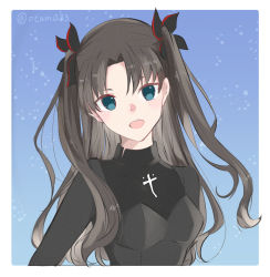 Rule 34 | 1girl, :d, black bow, black shirt, blue background, blue eyes, border, bow, breasts, brown hair, fate/extra, fate/extra ccc, fate/extra record, fate/stay night, fate (series), hair between eyes, hair bow, hair intakes, highres, long hair, looking at viewer, open mouth, otamu33, shirt, small breasts, smile, solo, tohsaka rin, upper body, very long hair, white border