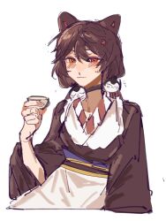Rule 34 | 1girl, animal ears, black dress, brown hair, chinese commentary, closed mouth, commentary request, cup, dog ears, dress, flower, hair flower, hair ornament, hand up, heterochromia, highres, holding, holding cup, inui toko, lingyi, long hair, nijisanji, red eyes, red flower, sakazuki, simple background, smile, solo, sweatdrop, twintails, virtual youtuber, white background, yellow eyes