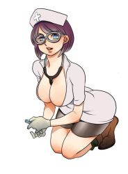 Rule 34 | 1girl, blue eyes, boots, breasts, chrono trigger, cleavage, full body, glasses, gloves, hat, lips, looking at viewer, lucca ashtear, mik mikako, nurse cap, open mouth, purple hair, short hair, simple background, solo, stethoscope, white background