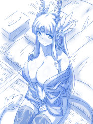 Rule 34 | 1girl, bare shoulders, bed, blue theme, breasts, cleavage, collarbone, doy, dragon girl, dragon tail, female focus, futon, hair ornament, highres, huge breasts, indoors, jewelry, long hair, monochrome, monster girl, navel, no bra, no pants, open clothes, open shirt, puzzle &amp; dragons, seiza, shirt, sitting, solo, sumire (p&amp;d), tail, tatami, thighhighs, tissue box