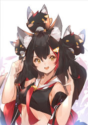 Rule 34 | 1girl, :d, animal ear fluff, animal ears, black hair, blush, breasts, commentary, crop top, detached sleeves, english commentary, hair between eyes, hair ornament, holding, holding own hair, hololive, long hair, looking at viewer, majo (pastamajo), medium breasts, midriff, multicolored hair, ookami mio, ookami mio (1st costume), open mouth, red hair, red neckwear, sideboob, simple background, smile, solo, streaked hair, two-tone hair, underboob, upper body, virtual youtuber, white background, wolf ears, yellow eyes