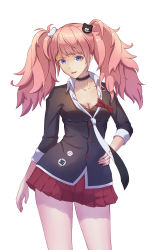 Rule 34 | 1girl, absurdres, bear hair ornament, black choker, blue eyes, bow, breasts, choker, cleavage, coast rover, collarbone, commentary request, danganronpa: trigger happy havoc, danganronpa (series), enoshima junko, hair ornament, highres, long hair, looking at viewer, md5 mismatch, medium breasts, necktie, pink hair, pleated skirt, red bow, red skirt, resolution mismatch, school uniform, simple background, skirt, sleeves rolled up, smile, solo, source smaller, spoilers, twintails, white background