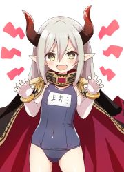 Rule 34 | 1girl, blush, brown eyes, claw pose, covered navel, cowboy shot, curled horns, demon girl, demon horns, elbow gloves, emma august, epaulettes, fang, gloves, hair between eyes, highres, horns, jacket, jacket on shoulders, long hair, nijisanji, old school swimsuit, one-piece swimsuit, open mouth, pointy ears, school swimsuit, simple background, skin fang, smile, solo, swimsuit, tadanoshi kabane, thighs, v-shaped eyebrows, very long hair, virtual youtuber, white background, white gloves