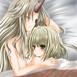 Rule 34 | 2girls, bad id, bad pixiv id, bare shoulders, bed, bed sheet, blonde hair, blush, breasts, covering privates, cuddling, embarrassed, closed eyes, female focus, from above, green eyes, horns, hoshiguma yuugi, hug, long hair, lowres, mizuhashi parsee, multiple girls, nanase nao, nude, pointy ears, short hair, shy, single horn, sleeping, small breasts, touhou, under covers, yuri