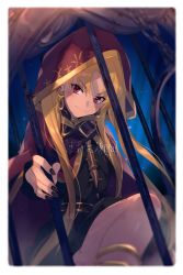 Rule 34 | 1girl, black dress, black nails, blonde hair, blush, breasts, cage, cape, character name, closed mouth, dress, earrings, echo (circa), english text, ereshkigal (fate), fate/grand order, fate (series), fingernails, gold trim, hood, hood up, hooded cape, hoop earrings, jewelry, long hair, looking at viewer, medium breasts, nail polish, parted bangs, red cape, red eyes, sitting, skull, spine, thighs, twitter username, two side up