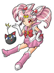 Rule 34 | 1990s (style), 1girl, bishoujo senshi sailor moon, boots, bow, brooch, chibi usa, child, choker, cone hair bun, double bun, full body, gloves, hair bun, hair ornament, hairpin, hand on own hip, heart, heart brooch, hip focus, jewelry, keseran pasaran, knee boots, luna-p, magical girl, one eye closed, pink footwear, pink hair, pink theme, pleated skirt, red eyes, retro artstyle, ribbon, sailor chibi moon, sailor collar, short hair, simple background, skirt, smile, tiara, twintails, white background, white gloves, wink