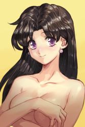 Rule 34 | 1girl, black hair, blush, breasts, covering privates, covering breasts, earrings, futari ecchi, hungry clicker, jewelry, long hair, looking at viewer, medium breasts, nude, onoda yura, parted bangs, purple eyes, simple background, smile, solo, upper body, yellow background