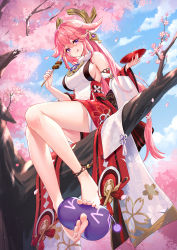 Rule 34 | 1girl, absurdres, animal ears, anklet, bare shoulders, barefoot, blush, breasts, commentary request, detached sleeves, earrings, feet, feet on toy, holding with feet, fox ears, genshin impact, hair ornament, highres, jewelry, lalazyt, large breasts, legs, long hair, looking at viewer, necklace, partial commentary, pendant, pink hair, purple eyes, red skirt, revision, sidelocks, sitting, skirt, sleeveless, slime (genshin impact), smile, thighs, tree, very long hair, wide sleeves, yae miko