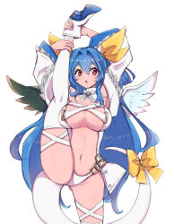 Rule 34 | 1girl, :o, alternate color, angel wings, asymmetrical wings, balancing, belt, blue hair, breasts, center opening, chemaru (a8l), cleavage, commission, detached collar, detached sleeves, dizzy (guilty gear), gluteal fold, guilty gear, guilty gear xrd, hair between eyes, hair ribbon, highres, holding leg, large breasts, leg up, navel, open mouth, panties, red eyes, ribbon, sidelocks, simple background, skeb commission, solo, split, standing, standing on one leg, standing split, tail, tail ornament, tail ribbon, thigh strap, thighhighs, thighs, underwear, white background, white panties, white thighhighs, wings, yellow ribbon