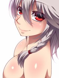 Rule 34 | 1girl, bad id, bad pixiv id, bare shoulders, braid, breasts, female focus, hayashi custom, highres, izayoi sakuya, lips, looking at viewer, red eyes, silver hair, simple background, smile, solo, topless frame, touhou, upper body, white background