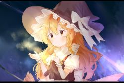 Rule 34 | 1girl, apron, bad id, bad twitter id, blonde hair, blush, broom, broom riding, buttons, dust, expressionless, hat, kirisame marisa, long hair, magic, puffy short sleeves, puffy sleeves, short sleeves, solo, touhou, turtleneck, useq1067, vest, waist apron, witch hat, wrist cuffs, yellow eyes