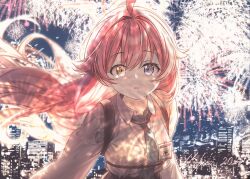 1girl antenna_hair blue_archive breasts fireworks harness hoshino_(blue_archive) id_card looking_at_viewer night night_sky nillfier_2022 shirt sky small_breasts solo tears twitter upper_body white_shirt