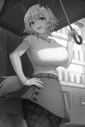 Rule 34 | 1girl, :d, animal ears, belt, bow, breasts, commentary request, fishnet pantyhose, fishnets, from below, greyscale, hair bow, hand on own hip, holding, holding umbrella, horse girl, jewelry, kannko bokujou, large breasts, looking at viewer, monochrome, necklace, open mouth, pantyhose, rain, short hair, skirt, sleeves past wrists, smile, solo, standing, tail, umamusume, umbrella, vending machine