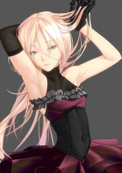 Rule 34 | 1girl, adjusting hair, arm behind head, armpits, asymmetrical gloves, bare shoulders, black gloves, blue eyes, dress, elbow gloves, frills, gloves, hair between eyes, highres, hiko (hiko224556), holding, holding own hair, ia (vocaloid), lips, long hair, mismatched gloves, nose, pink hair, solo, turtleneck, very long hair, vocaloid