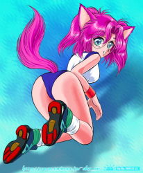 Rule 34 | 1990s (style), 1998, 1girl, akira m, animal ears, ass, blue background, blue buruma, blue eyes, blue footwear, breasts, buruma, cat ears, cat girl, cat tail, dated, from behind, glasses, gym uniform, large breasts, long hair, looking at viewer, looking back, pink hair, retro artstyle, september, shirt, shoes, sleeveless, sleeveless shirt, smile, sneakers, socks, solo, tail, twintails, white shirt, white socks, wristband