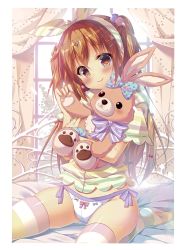 Rule 34 | 1girl, absurdres, blush, brown eyes, brown hair, character request, closed mouth, copyright request, hair ornament, hairband, hairclip, highres, holding, holding stuffed toy, long hair, looking at viewer, mitsumomo mamu, panties, pink thighhighs, smile, solo, star (symbol), star hair ornament, striped clothes, striped thighhighs, stuffed animal, stuffed rabbit, stuffed toy, thighhighs, twintails, underwear, white panties, white thighhighs, yellow thighhighs