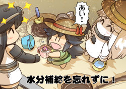 Rule 34 | 3girls, ^ ^, abyssal ship, aged down, barefoot, black gloves, black hair, bow, bucket, check translation, closed eyes, colored skin, commentary request, cup, dress, elbow gloves, closed eyes, flower, flower in mug, gloves, hat, hat bow, hat ribbon, headgear, hisahiko, holding, holding bucket, holding cup, hole, kantai collection, katsuragi (kancolle), long hair, mittens, multiple girls, nagato (kancolle), northern ocean princess, open mouth, partially translated, ponytail, ribbon, sand, sandbox, shade, sidelocks, skirt, sleeveless, sleeveless dress, sparkle, straw hat, thighhighs, translation request, trowel, white dress, white hair, white skin