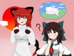 Rule 34 | 2girls, ?, animal costume, blush, breasts, brown eyes, brown hair, fang, gradient background, kaenbyou rin, large breasts, multiple girls, one eye closed, open mouth, pink eyes, red hair, reiuji utsuho, seo haruto, sheep costume, thought bubble, touhou, upper body