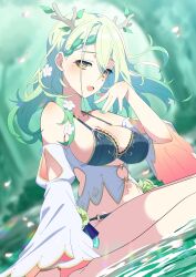 Rule 34 | 1girl, absurdres, adapted costume, antlers, bikini, blue bikini, blush, braid, breasts, ceres fauna, cleavage, detached sleeves, flower, gorimaro, green hair, green nails, hair flower, hair ornament, highres, hololive, hololive english, horns, large breasts, long hair, looking at viewer, mole, mole under eye, nail polish, navel, open mouth, single braid, swimsuit, virtual youtuber, water, white sleeves, yellow eyes