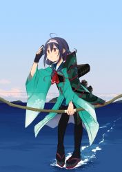 Rule 34 | 1girl, ahoge, annin musou, bad id, bad twitter id, blue sky, bow (weapon), camouflage, day, full body, gloves, hair between eyes, hair flaps, hairband, haori, highres, holding, holding bow (weapon), holding weapon, japanese clothes, kantai collection, long hair, looking to the side, muneate, neckerchief, partially fingerless gloves, partly fingerless gloves, purple hair, red eyes, red neckerchief, ryuuhou (kancolle), ryuuhou kai ni (kancolle), school uniform, serafuku, sky, solo, taigei (kancolle), weapon, yugake