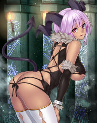 Rule 34 | 1girl, ass, ass cutout, back, bare shoulders, bent over, breasts, butt crack, clothing cutout, dark-skinned female, dark skin, demon girl, demon horns, demon tail, detached sleeves, highres, horns, houtengeki, large breasts, looking at viewer, no panties, original, pink eyes, pink hair, short hair, silver hair, smile, solo, tail, tan, thighhighs, underboob, white thighhighs