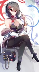 Rule 34 | 1girl, adapted costume, asymmetrical wings, bag, black footwear, black hair, blue wings, bracelet, breasts, cleavage, commentary, crossed legs, fingernails, fur trim, high heels, highres, houjuu nue, jewelry, kaliningradg, large breasts, long fingernails, looking at viewer, magatama, magatama necklace, medium hair, necklace, parted lips, pointy ears, red eyes, red wings, sitting, solo, symbol-only commentary, touhou, wings