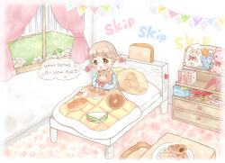 Rule 34 | 1girl, :o, bagel, bed, blue pajamas, blush, book, bow, bowtie, braid, bread, brown eyes, brown hair, carrot, chocolate chip cookie, chocolate cornet, commentary request, cookie, curtains, drawer, english text, flower, food, food-themed pillow, fork, grass, hair bow, heart, highres, holding, holding stuffed toy, hugging object, indoors, kohane (copinc), lettuce, long sleeves, looking at viewer, medium hair, melon bread, notepad, on bed, open mouth, original, pajamas, pennant, pillow, pink bow, pink bowtie, plate, sandwich, shelf, sitting, snail, solo, speech bubble, spoon, string of flags, stuffed animal, stuffed mouse, stuffed sheep, stuffed toy, table, tareme, teddy bear, terrarium, triangle print, twin braids, white flower, window