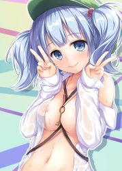 1girl alternate_costume blue_eyes blue_hair blush breasts cleavage covered_erect_nipples double_v dress_shirt female_focus hair_bobbles hair_ornament hat kawashiro_nitori key large_breasts looking_at_viewer matching_hair/eyes naked_shirt navel nipples off_shoulder oukatihiro see-through_clothes shirt short_hair smile solo touhou twintails two_side_up v wet wet_clothes