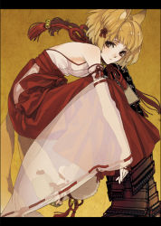 Rule 34 | 1girl, animal ears, bare shoulders, bell, blonde hair, brown eyes, cover, cover page, detached sleeves, fox ears, fox tail, from side, geta, hakama, hakama skirt, ipev, japanese clothes, letterboxed, looking at viewer, looking away, miko, multiple tails, no panties, red hakama, ribbon, sandals, see-through, short hair, skirt, solo, tail, toeless legwear, toes, wide sleeves