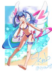 Rule 34 | 1girl, barefoot, beach, bikini, blue angel, blue eyes, blue hair, blue nails, blue sky, bow, breasts, chaya mago, cleavage, cloud, cloudy sky, commentary request, commission, earrings, feet, full body, halterneck, highres, horizon, jewelry, large breasts, leaning forward, looking at viewer, nail polish, navel, one eye closed, open mouth, outdoors, pink bow, pink ribbon, ribbon, skeb commission, sky, smile, solo, standing, swimsuit, twintails, water, yu-gi-oh!, yu-gi-oh! vrains, zaizen aoi