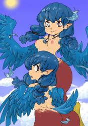 Rule 34 | 2girls, ass, blue feathers, blue hair, braid, breasts, closed mouth, feathers, from behind, harpy, harpy (terraria), highres, jewelry, long hair, looking at viewer, looking back, monster girl, multiple girls, necklace, nipples, pointy ears, sky, smile, terraria, wings