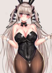 Rule 34 | 1girl, alternate costume, animal ears, azur lane, bare shoulders, black bow, black bowtie, black leotard, black nails, black pantyhose, blush, bow, bowtie, breasts, cleavage, closed mouth, collarbone, commentary, cowboy shot, detached collar, eyelashes, fake animal ears, formidable (azur lane), grey background, hair ribbon, highres, holding, holding own hair, kuro (tbm9187), large breasts, leotard, long hair, looking at viewer, nail polish, pantyhose, playboy bunny, rabbit ears, red eyes, ribbon, silver hair, simple background, solo, thigh gap, twintails, wrist cuffs
