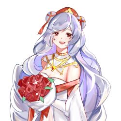 Rule 34 | 1girl, :d, alternate eye color, animal ears, arknights, bare shoulders, bear ears, bouquet, bow, collar, detached collar, dress, dumenggu, ear ribbon, flower, grey hair, highres, holding, holding bouquet, lipstick, long hair, looking at viewer, makeup, off-shoulder dress, off shoulder, open mouth, red eyes, red flower, red headwear, red ribbon, ribbon, rosa (arknights), rosa (masterpiece) (arknights), simple background, smile, solo, upper body, very long hair, white background, white collar, white dress