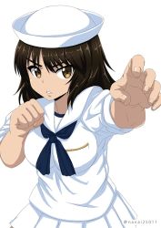 Rule 34 | 10s, 1girl, black eyes, black hair, blouse, blue neckerchief, clenched hand, commentary, dixie cup hat, fighting stance, foreshortening, frown, girls und panzer, hat, long hair, long sleeves, looking at viewer, military hat, miniskirt, murakami (girls und panzer), neckerchief, one-hour drawing challenge, ooarai naval school uniform, parted lips, pleated skirt, reaching, reaching towards viewer, sailor, sailor collar, school uniform, shibagami, shirt, simple background, skirt, sleeves rolled up, solo, standing, twitter username, upper body, v-shaped eyebrows, white background, white hat, white shirt, white skirt