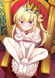 Rule 34 | &gt;:(, 1girl, blunt bangs, blush, bright pupils, closed mouth, crown, dress, elbow gloves, feet together, flat chest, from above, frown, furrowed brow, gem, gloves, hair bun, highres, indian style, jewelry, knees apart feet together, long hair, looking at viewer, looking up, necklace, original, own hands together, pendant, princess, purple eyes, red gemstone, short dress, single hair bun, sitting, solo, sorano (12gou), thighhighs, throne, v-shaped eyebrows, v arms, white dress, white gloves, white thighhighs, zettai ryouiki