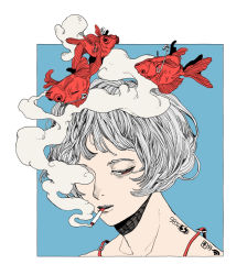 Rule 34 | 1girl, blue background, border, charging device, cigarette, collarbone, commentary request, grey hair, half-closed eyes, highres, kamomiland, koi, original, portrait, red eyes, safety pin, short hair, smoke, smoking, solo, spaghetti strap, surreal, white border