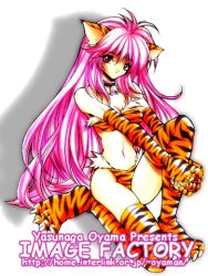 Rule 34 | 1girl, animal ears, animal print, artist name, bell, cat ears, cat tail, choker, full body, gloves, hugging own legs, long hair, lowres, navel, neck bell, own hands together, pink hair, red eyes, simple background, solo, tail, thighhighs, tiger print, v arms, watermark, web address, yasunaga oyama