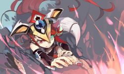 Rule 34 | 1girl, clenched teeth, duel monster, e volution, fire, foreshortening, gradient background, green eyes, heterochromia, highres, long hair, odd-eyes pendulum dragon, personification, red eyes, red hair, solo, teeth, yu-gi-oh!, yu-gi-oh! arc-v